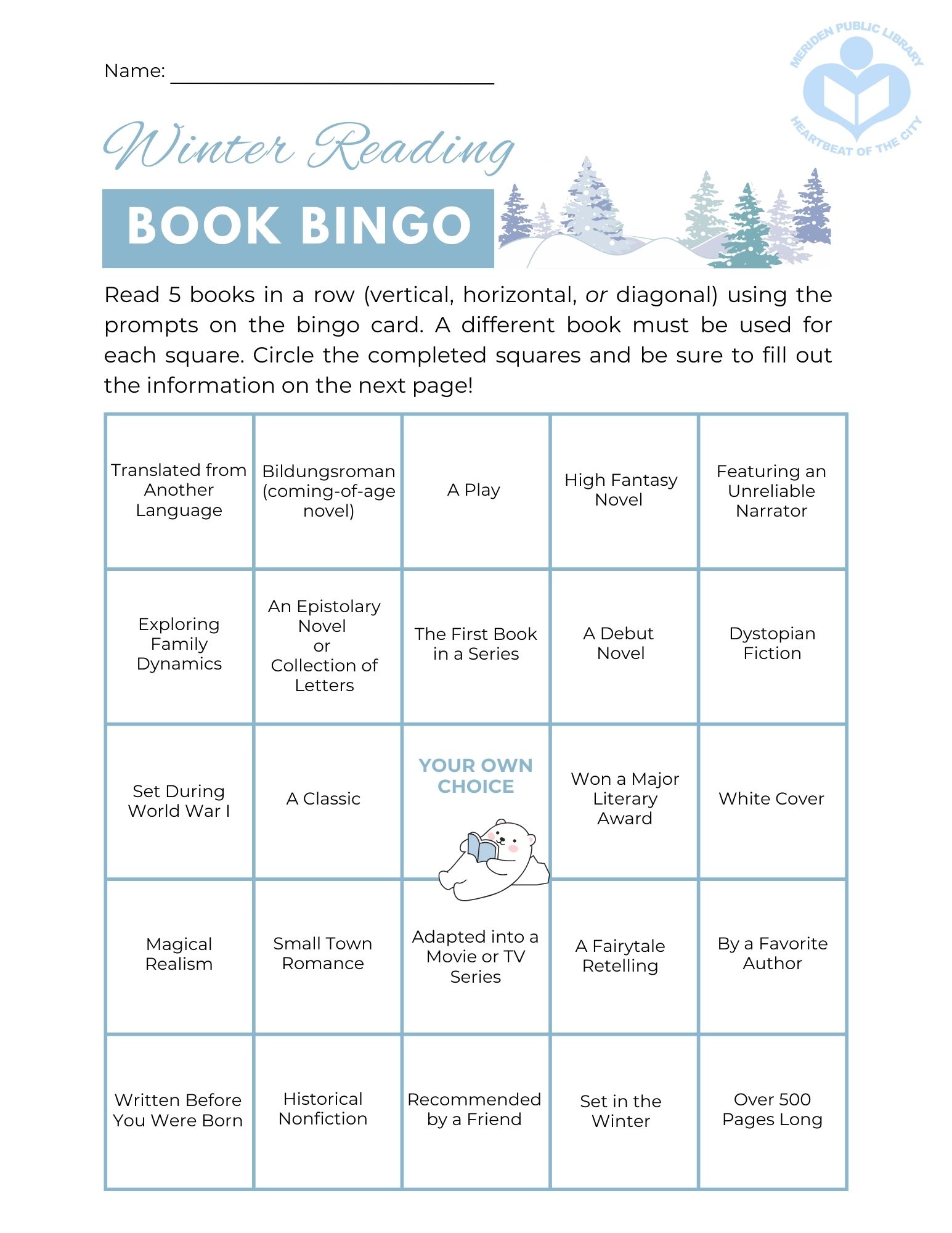 Winter Reading adult book bingo