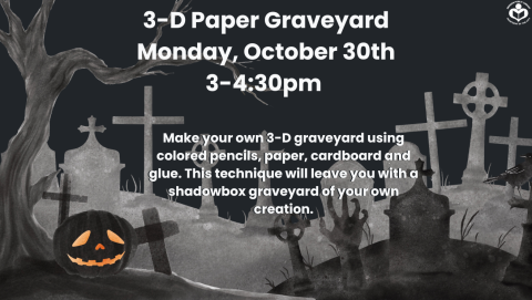 3-D Paper Graveyard written with a spooky white graveyard in background