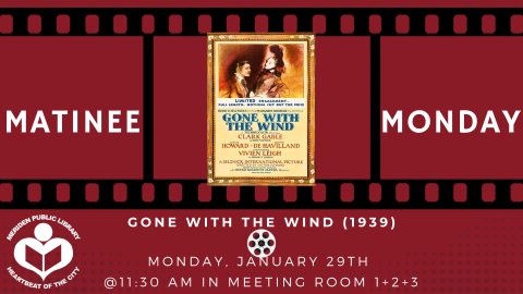 Red background with Gone with the Wind movie poster in between a film reel