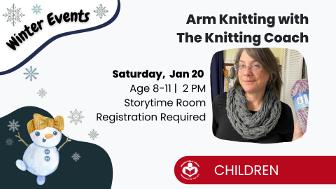 A snowman in the corner with the knitting coach Dawn Zillich pictured near the right center of the ad