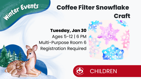 A cartoon doe and fawn are nestled in the bottom left corner while the coffee filter snowflake craft is featured near the right center of the ad