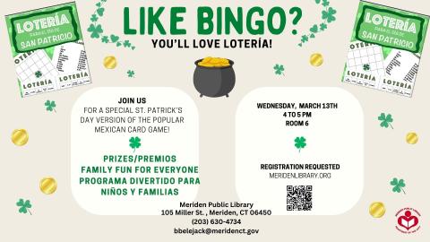 4 leaf clovers and pots of gold adorn the flyer with pictures of St. Patrick's day loteria boards