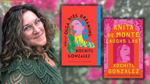 A picture of Xochitl Gonzalez next to two covers of her novels