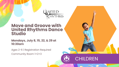 United Rhythms Dance Studio logo Image of children with their hands raised as if dancing to music