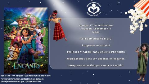 Encanto movie poster to left of spanish verbiage