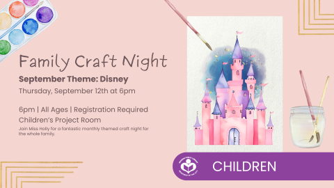 Paint set in top right corner, pink background with Disney castle painting to right of verbiage