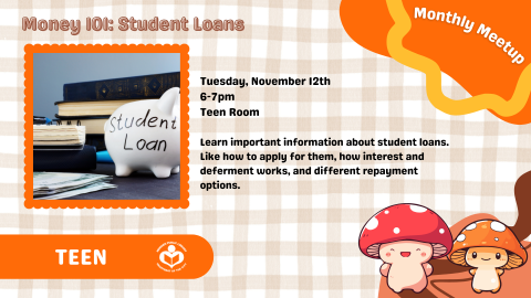 Picnic checkered background with anime mushrooms in bottom right corner with student loan piggybank to left of verbiage