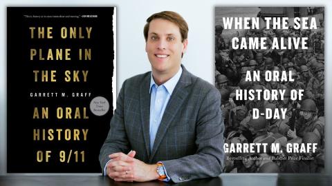 Garrett Graff pictured in middle between two of his books