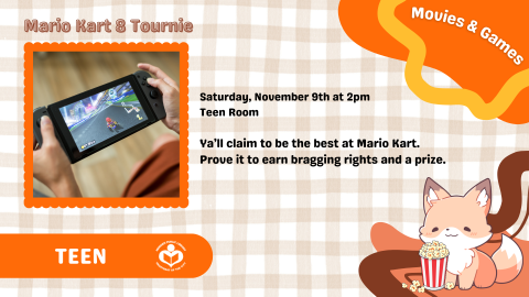 Text on orange checked background reads "Y'all claim to be the best at Mario Kart. Prove it to earn bragging rights and a prize." Photo of hands holding Nintendo Switch floats to the left of text.