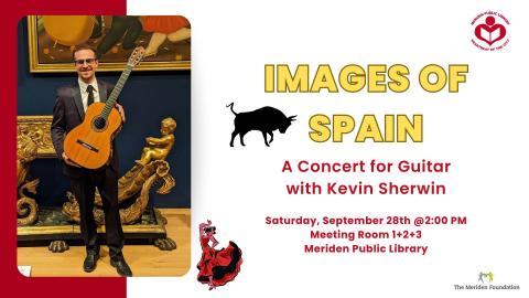 A picture of Sherwin playing the guitar to left of verbiage with a bull silhouette and a flamenco dancer image next to verbiage