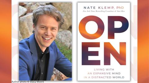 Nate Klemp, PhD pictured to left of his book "Open"