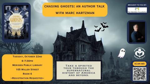 Spooky mansion in foreground, author pic to right of verbiage with book cover to left