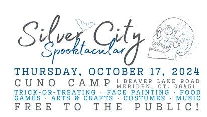 Silver City Spooktacular flyer, white background with verbiage in blue and a skull to right