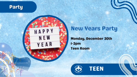 Icy blue background with happy new year's sign to left of verbiage