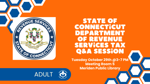 Orange background with State of CT Revenue Services logo to left of verbiage