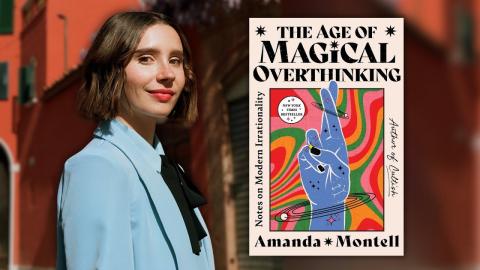 Amanda Montell to left of her book "The Age of Magical Overthinking"