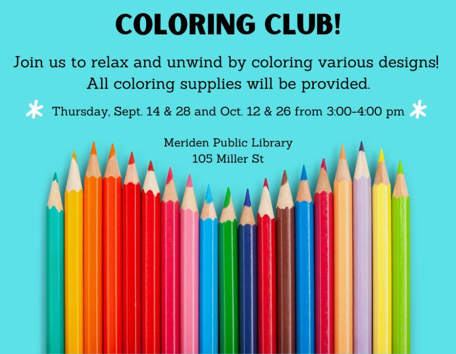 Colored pencils under the words Coloring Club