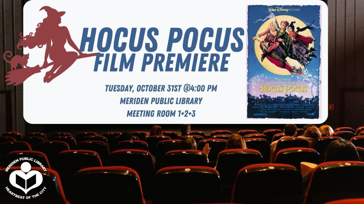 Hocus Pocus film poster is in front of a movie screen with seats in foreground and a witch outline in red