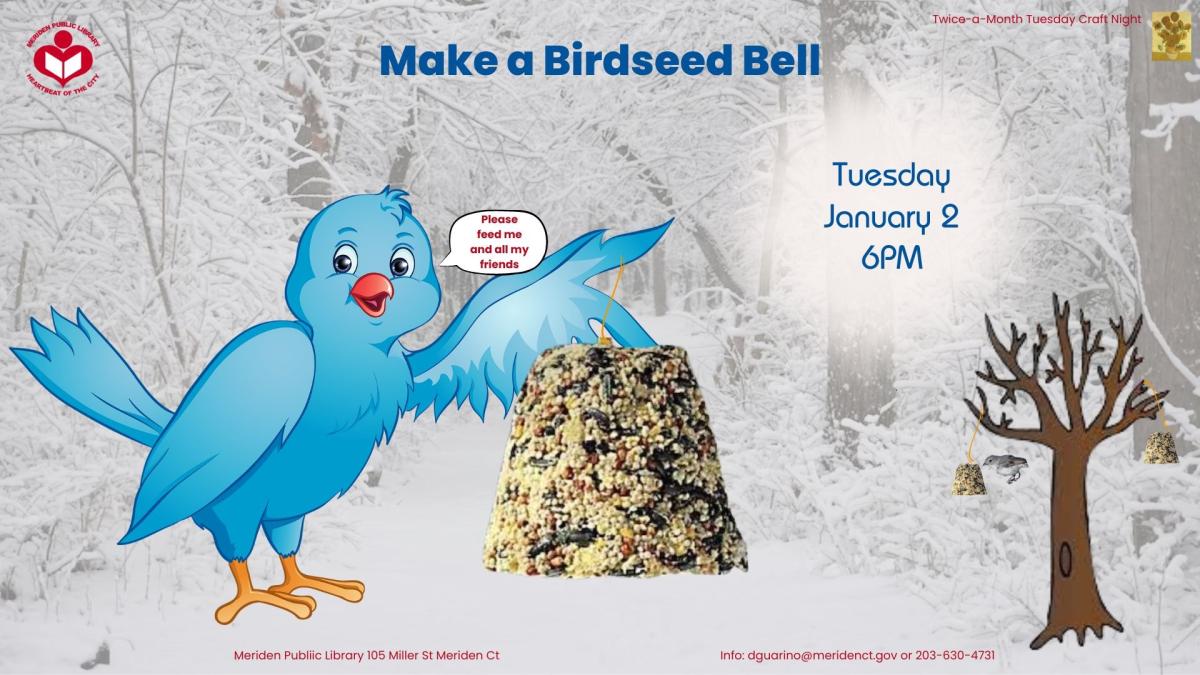 Bluebird on the left holding a birdseed bell with a background of trees and birdseed bells hanging from the front one