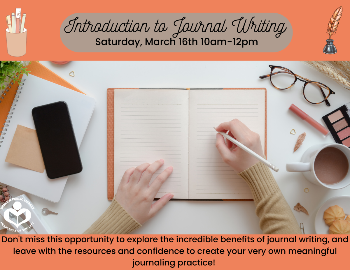 An orange background with a pictures of a writing desk and a journal being written in front and center