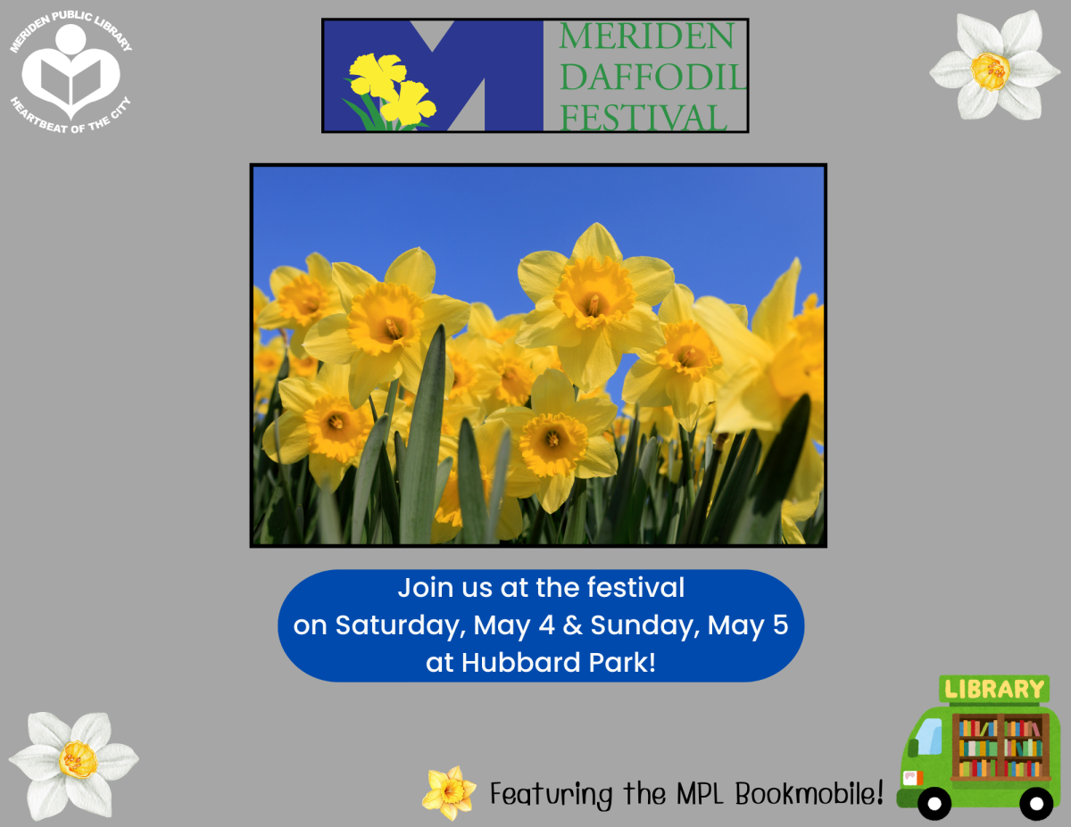 Picture of daffodils and a library bookmobile in the bottom right corner.