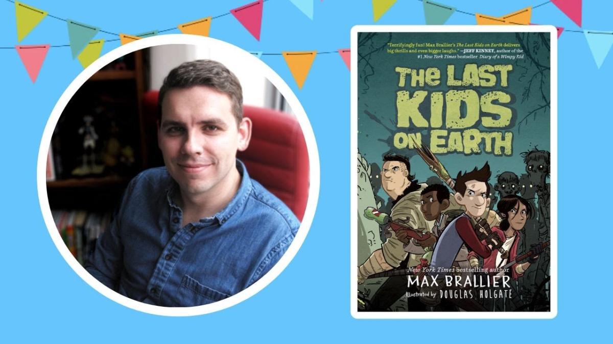 Headshot of Max Braillier to the left of the cover of his book The Last Kids on Earth