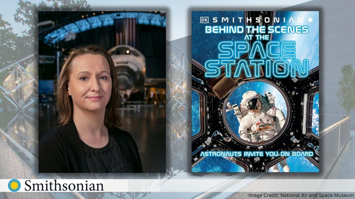 Smithsonian Curator Dr. Jennifer Levasseur on the left with her book Behind the Scenes at the Space Station to the right 