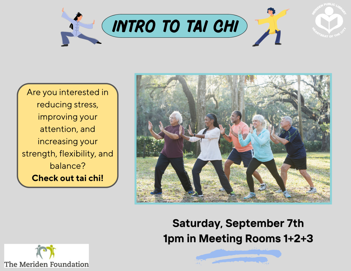 Picture of a group of adults doing tai chi outside in a park. Graphics of two people in tai chi poses on either side of the program title "Intro to Tai Chi"