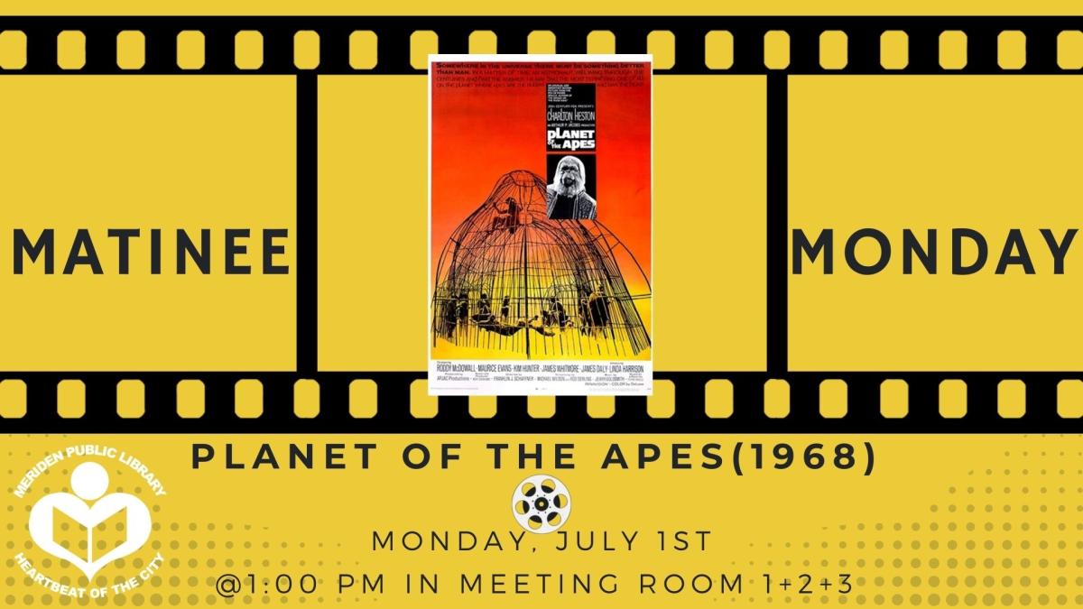 Planet of the Apes film poster situated between reels of film over a yellow background