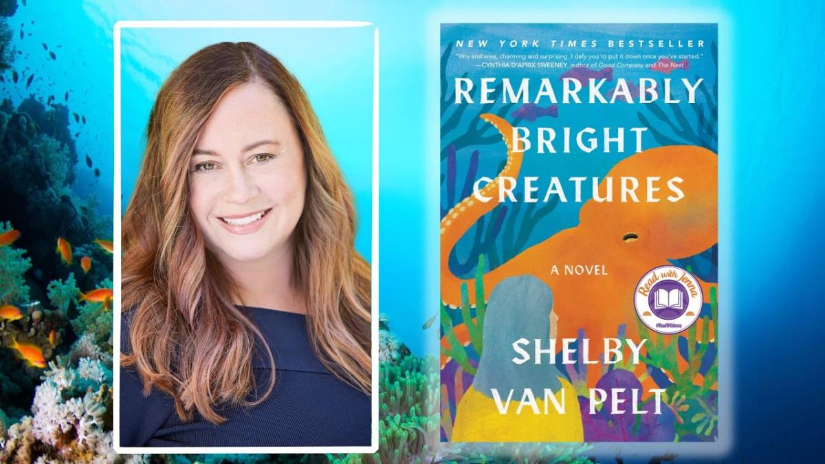 Novelist Shelby Van Pelt on the left with the cover of her book Remarkably Bright Creatures on the right