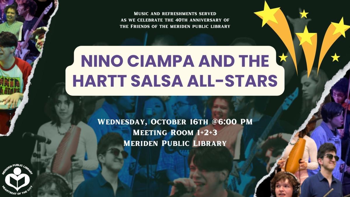 Collage of Nino Ciampa and the Hartt Salsa All-Stars picture with shooting stars to right of verbiage