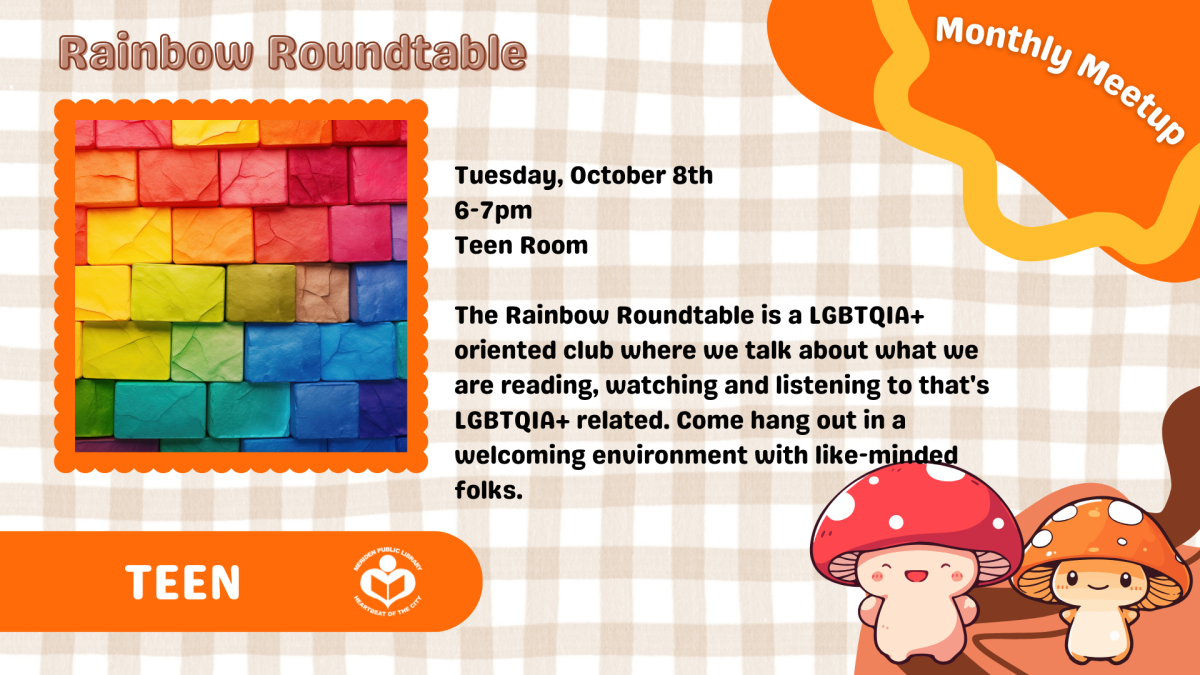 Rainbow bricks to right of verbiage with cartoon mushrooms underneath