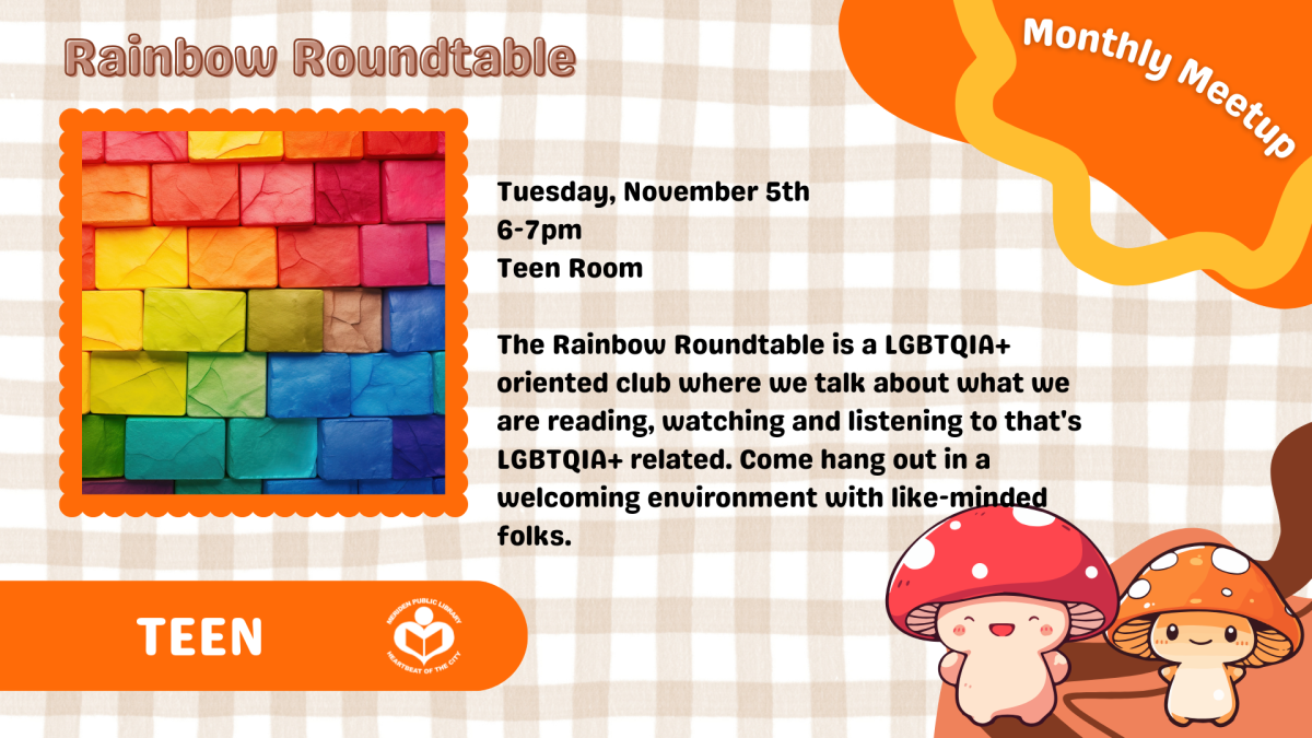 Rainbow bricks to right of verbiage with cartoon mushrooms underneath