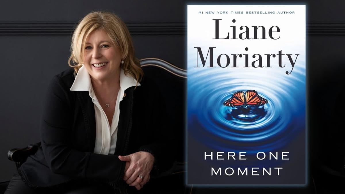 Liane Moriarty pictured to left of her book "Here one Moment"