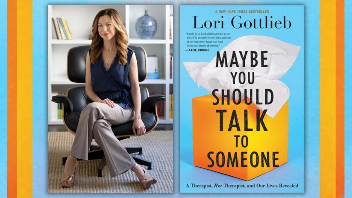 Lori Gottlieb next to her book "Maybe You Should Talk To Someone"