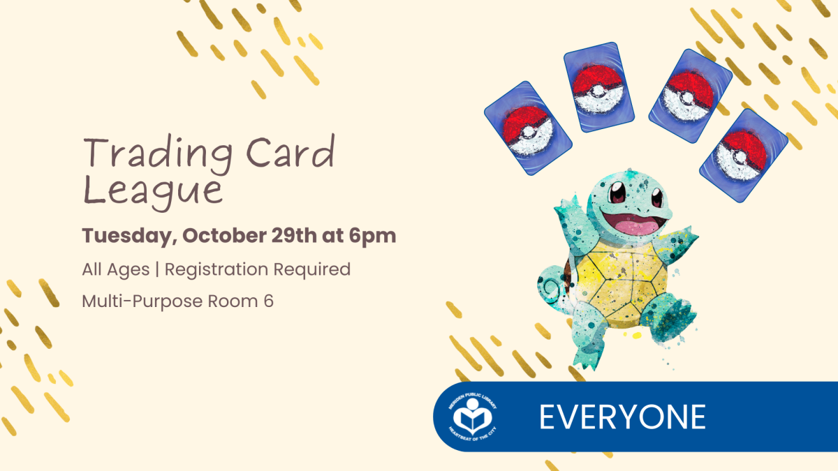 Squirtle throwing 4 Pokemon cards to right of verbiage over a yellow background