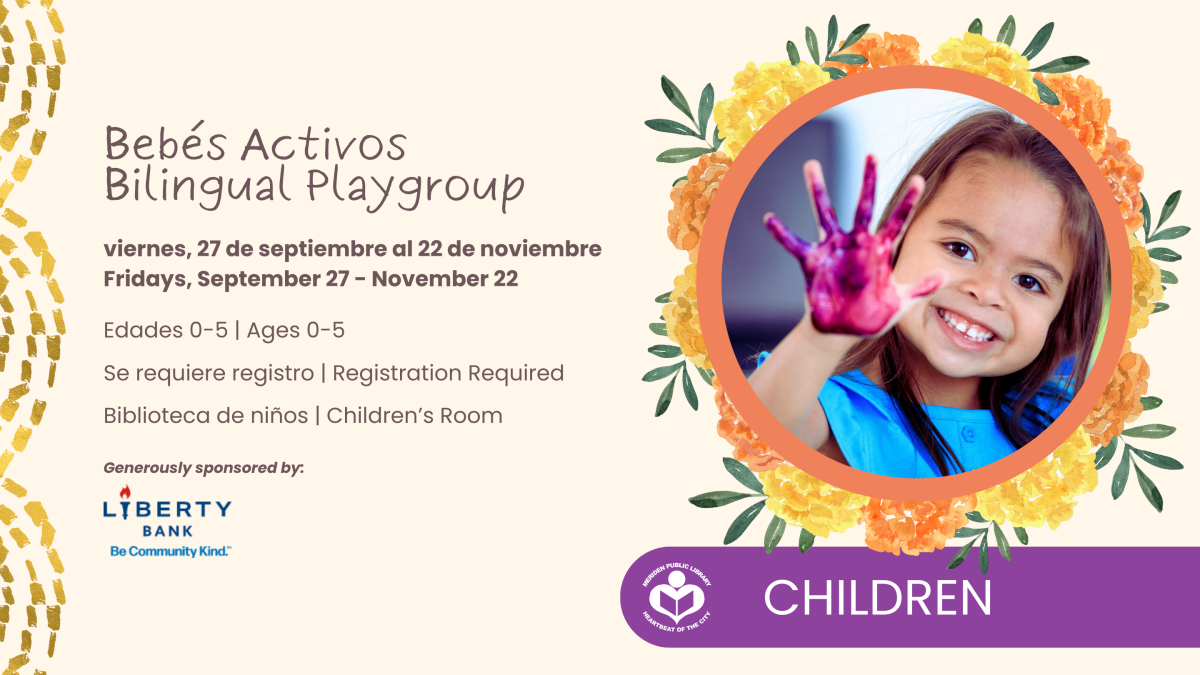 Preschool aged child wearing a blue dress holding up hand with purple paint on it. Bebes Activos bilingual playgroup for children ages 0 to 5.