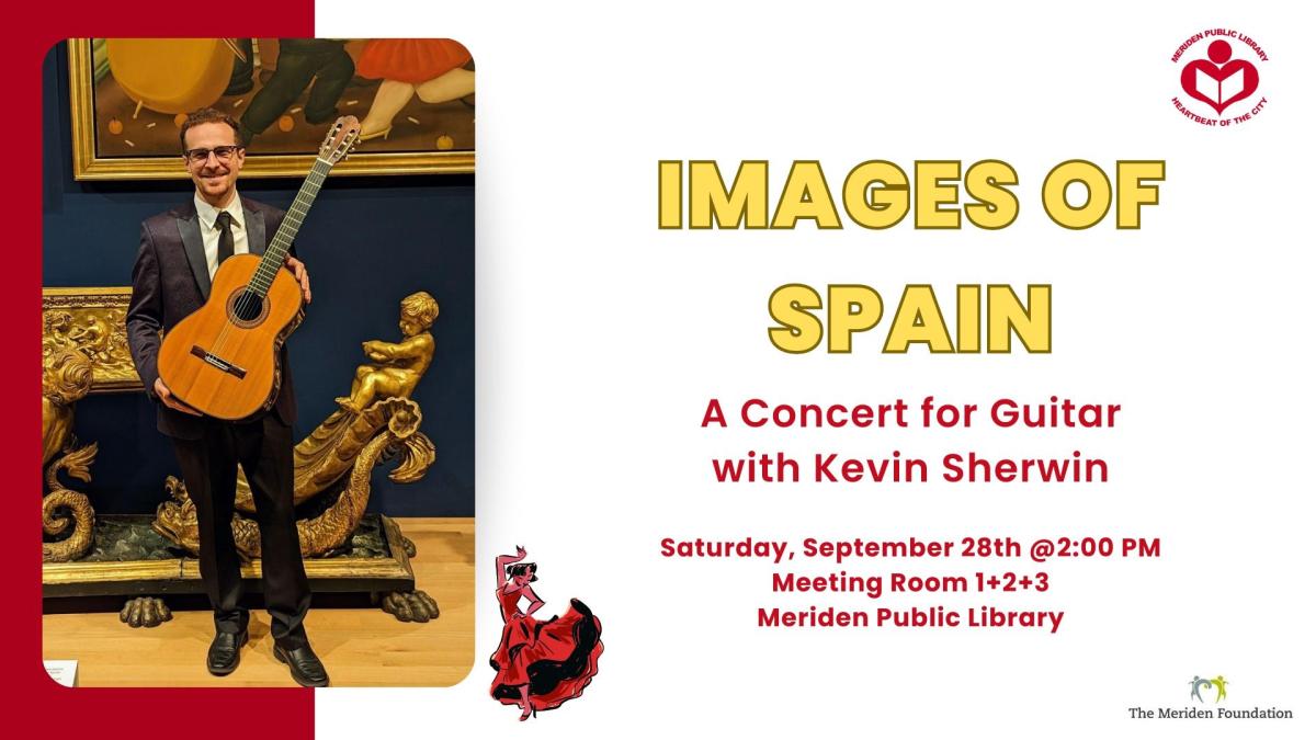 A picture of Sherwin playing the guitar to left of verbiage with a bull silhouette and a flamenco dancer image next to verbiage