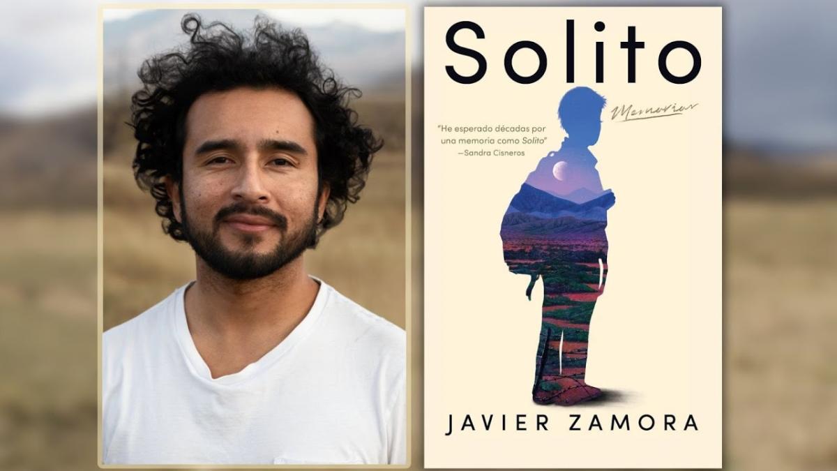 Javier Zamora to left of his book Solito