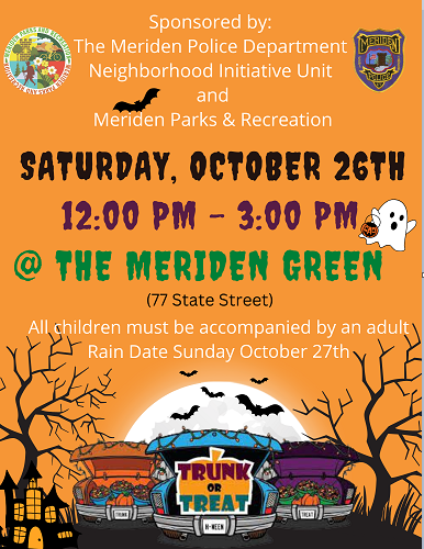 Orange Trunk or Treat flyer with spooky background and cars with their trunks popped below verbiage