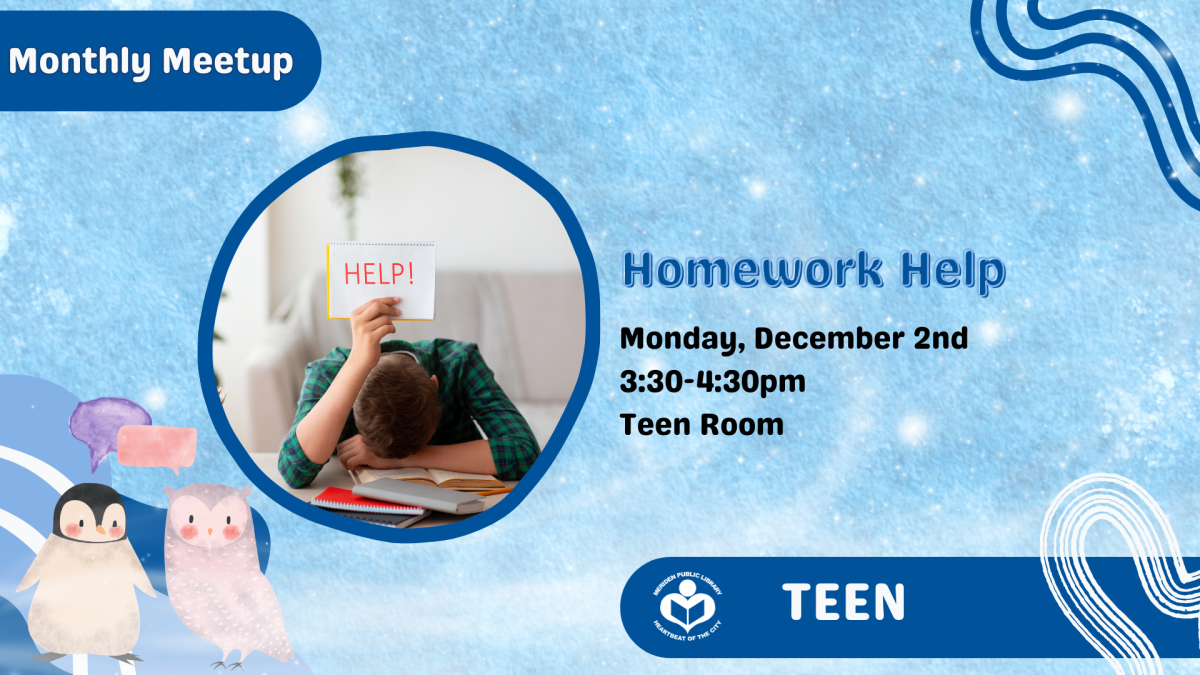 Icy blue background with discouraged student with makeshift homework help sign centered between verbiage on right and conversing penguin and owl on left