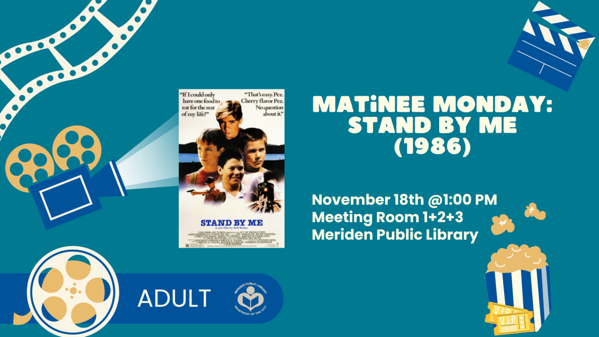 Stand by Me film poster to left of verbiage with various films clipart around