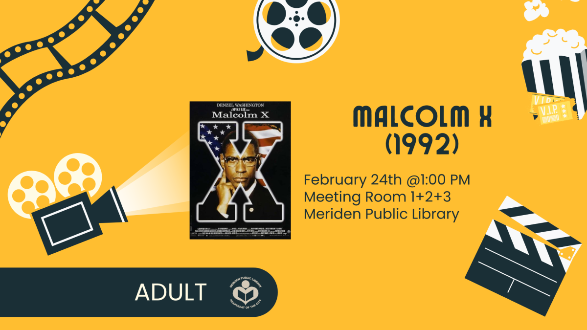 Malcolm X film poster to left of verbiage 