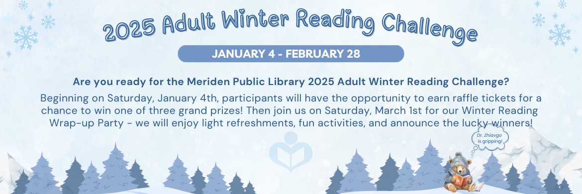 blue background 2025 adult winter reading challenge